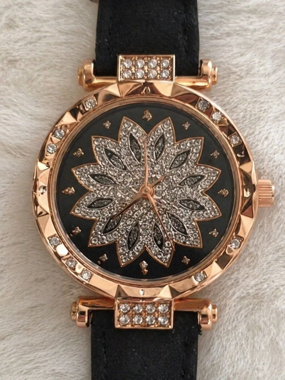 Women Rose Gold Floral Crystal Dial Watch Black Strap- Battery Included